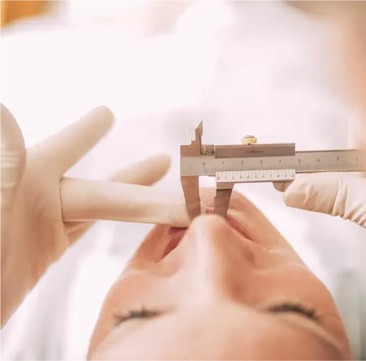 Präzise Messung bei der Anpassung einer Zahnprothese in der Zahnarztpraxis Sandhofpassage Frankfurt – Prothetik zur Sicherstellung der optimalen Passform und Funktionalität