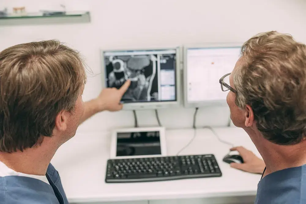 Zahnärzte analysieren Röntgenbilder in der Zahnarztpraxis Sandhofpassage Frankfurt – präzise Planung und Diagnostik zur optimalen Patientenversorgung